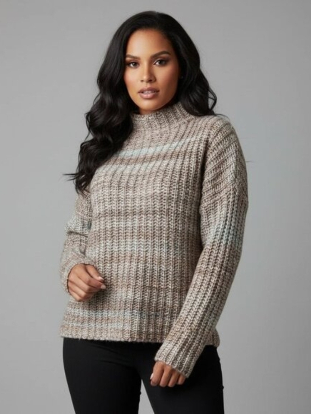 Marled Mock Neck Brown & Blue Chunky Knit Sweater L